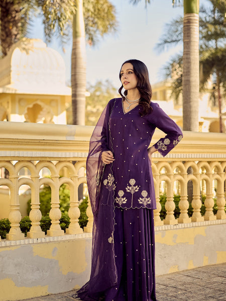 Chanderi Silk Embroidered Kurta Plazzo Set with Organza Dupatta