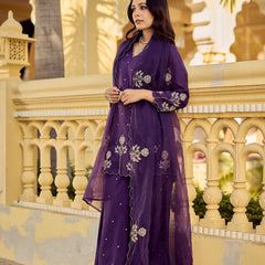 Chanderi Silk Embroidered Kurta Plazzo Set with Organza Dupatta
