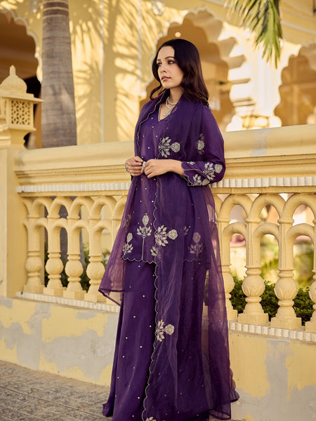 Chanderi Silk Embroidered Kurta Plazzo Set with Organza Dupatta
