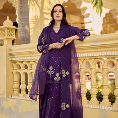 Chanderi Silk Embroidered Kurta Plazzo Set with Organza Dupatta