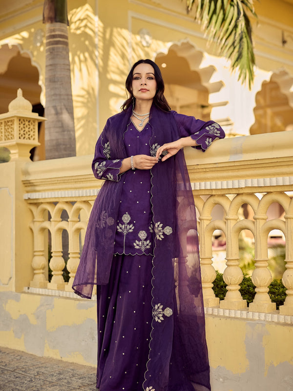 Chanderi Silk Embroidered Kurta Plazzo Set with Organza Dupatta