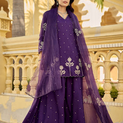 Chanderi Silk Embroidered Kurta Plazzo Set with Organza Dupatta