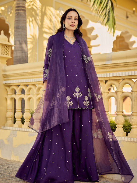 Chanderi Silk Embroidered Kurta Plazzo Set with Organza Dupatta