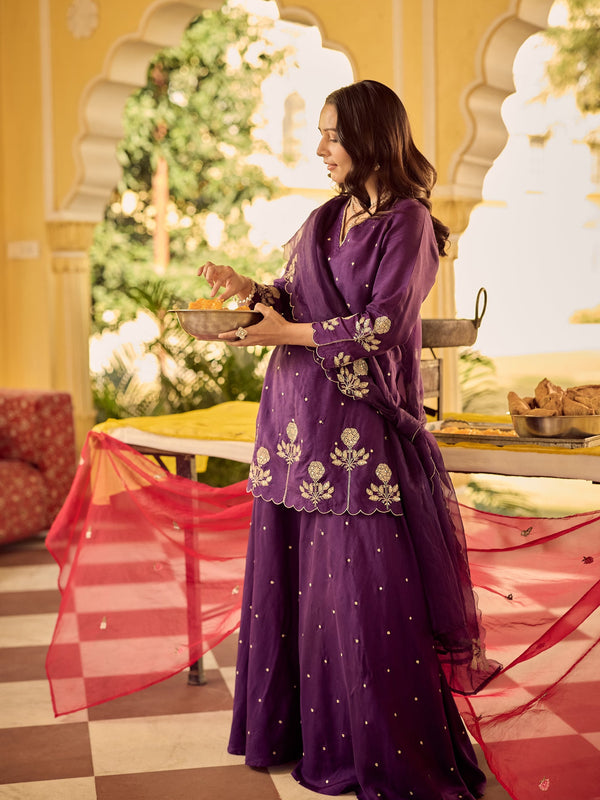 Chanderi Silk Embroidered Kurta Plazzo Set with Organza Dupatta