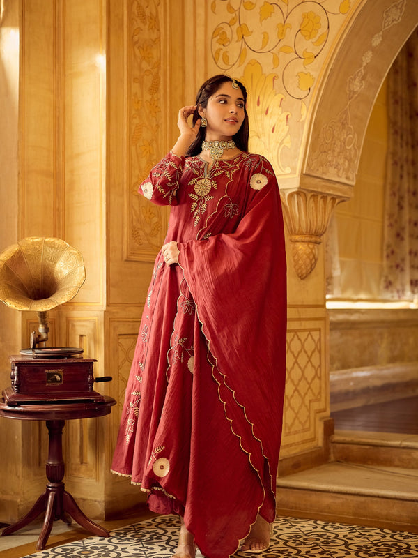 Chanderi Silk Kurta Set With Embroidered Chanderi Dupatta