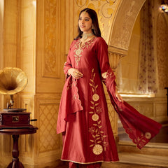 Chanderi Silk Kurta Set With Embroidered Chanderi Dupatta