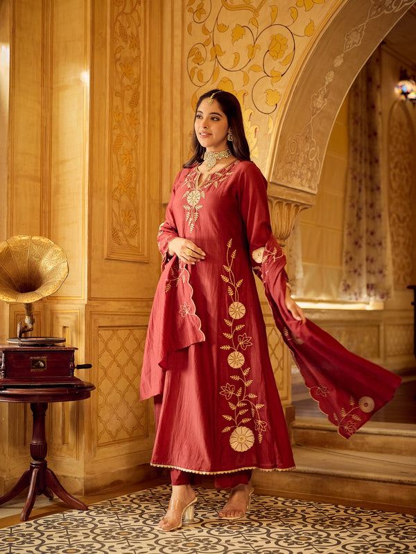 Chanderi Silk Kurta Set With Embroidered Chanderi Dupatta