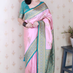 Soft Silk Banarasi Saree with Peacock Butta Meenakari Motifs & Blouse Piece
