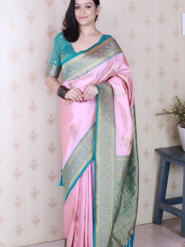 Soft Silk Banarasi Saree with Peacock Butta Meenakari Motifs & Blouse Piece