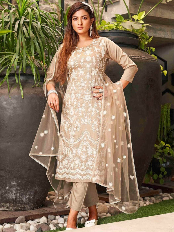Premium Silk Blend Ethnic Suit Set With Net Dupatta