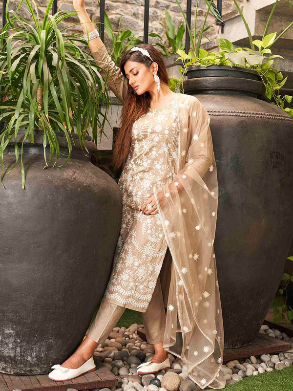 Premium Silk Blend Ethnic Suit Set With Net Dupatta