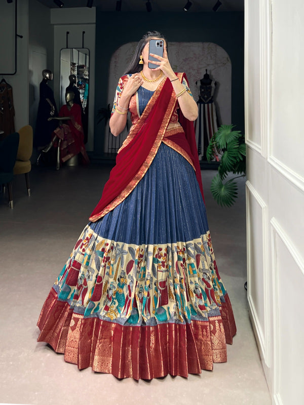 Women's Tusser Silk Floral Print Lehenga Choli with Foil Work & Georgette Dupatta