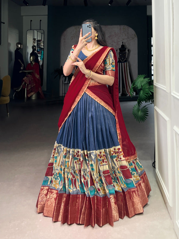 Women's Tusser Silk Floral Print Lehenga Choli with Foil Work & Georgette Dupatta