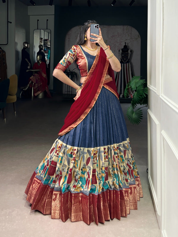 Women's Tusser Silk Floral Print Lehenga Choli with Foil Work & Georgette Dupatta