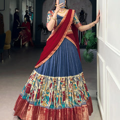 Women's Tusser Silk Floral Print Lehenga Choli with Foil Work & Georgette Dupatta