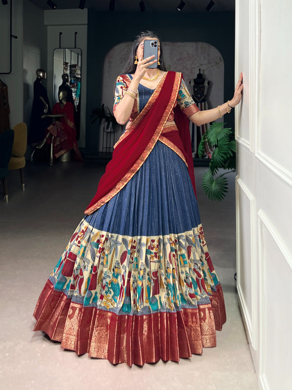 Women's Tusser Silk Floral Print Lehenga Choli with Foil Work & Georgette Dupatta