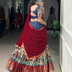 Women's Tusser Silk Floral Print Lehenga Choli with Foil Work & Georgette Dupatta