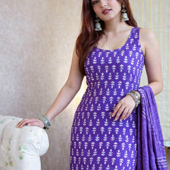 Women's Rayon Slub Printed Kurti Palazzo Set with Chanderi Cotton Dupatta