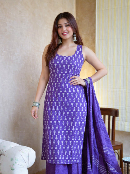 Women's Rayon Slub Printed Kurti Palazzo Set with Chanderi Cotton Dupatta