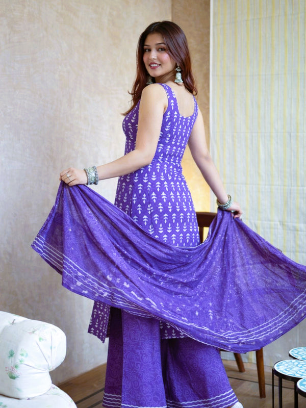 Women's Rayon Slub Printed Kurti Palazzo Set with Chanderi Cotton Dupatta