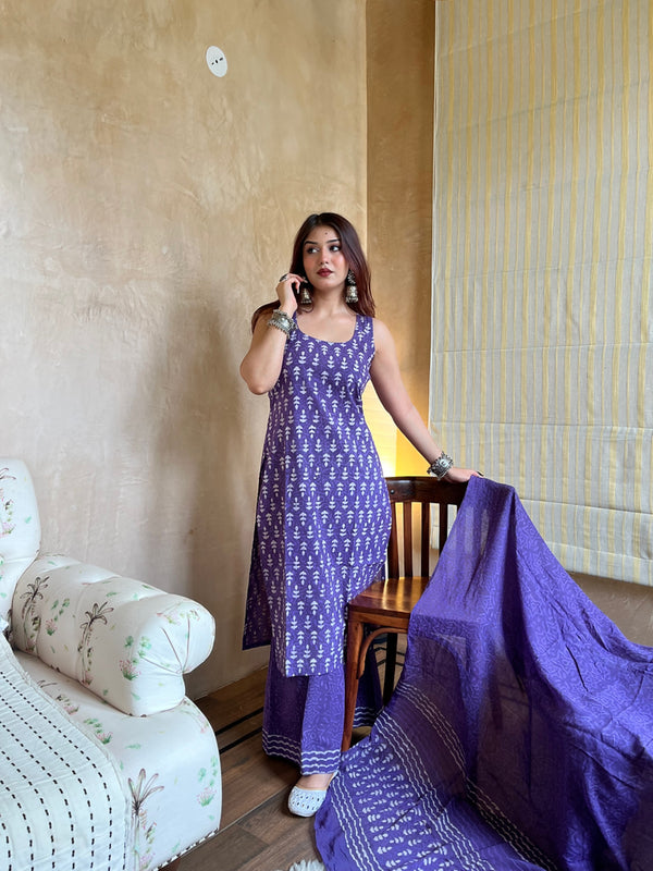 Women's Rayon Slub Printed Kurti Palazzo Set with Chanderi Cotton Dupatta