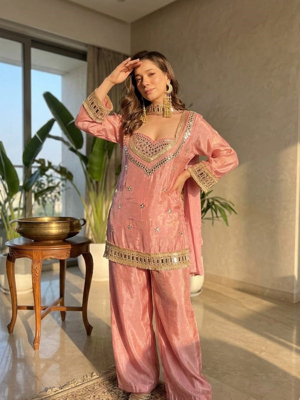 Women's Embroidered Chinon Suit Set With Dupatta