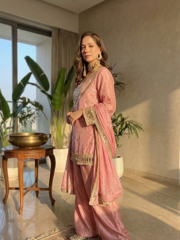 Women's Embroidered Chinon Suit Set With Dupatta