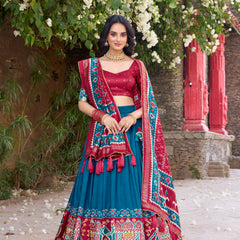 Women's Tusser Silk Kalamkari Print Lehenga Choli with Foil Work & Gotta Patti Dupatta