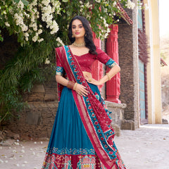 Women's Tusser Silk Kalamkari Print Lehenga Choli with Foil Work & Gotta Patti Dupatta