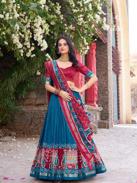 Women's Tusser Silk Kalamkari Print Lehenga Choli with Foil Work & Gotta Patti Dupatta