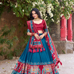Women's Tusser Silk Kalamkari Print Lehenga Choli with Foil Work & Gotta Patti Dupatta