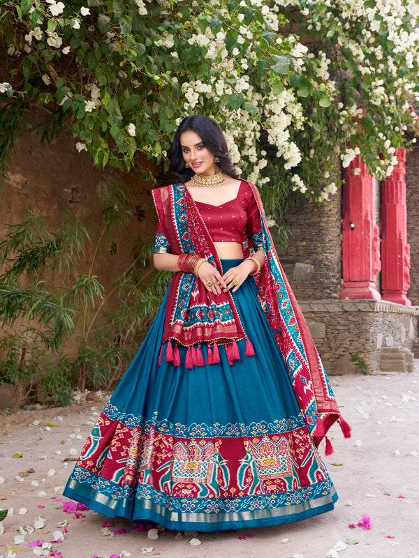 Women's Tusser Silk Kalamkari Print Lehenga Choli with Foil Work & Gotta Patti Dupatta