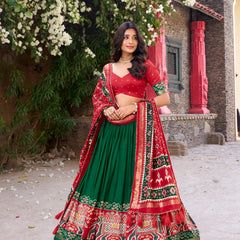 Women's Tusser Silk Kalamkari Print Lehenga Choli with Foil Work & Gotta Patti Dupatta