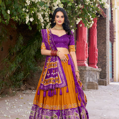 Women's Tusser Silk Kalamkari Print Lehenga Choli with Foil Work & Gotta Patti Dupatta