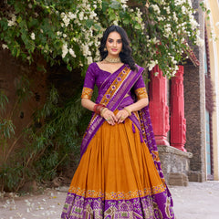 Women's Tusser Silk Kalamkari Print Lehenga Choli with Foil Work & Gotta Patti Dupatta
