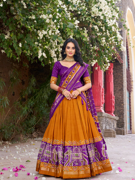Women's Tusser Silk Kalamkari Print Lehenga Choli with Foil Work & Gotta Patti Dupatta