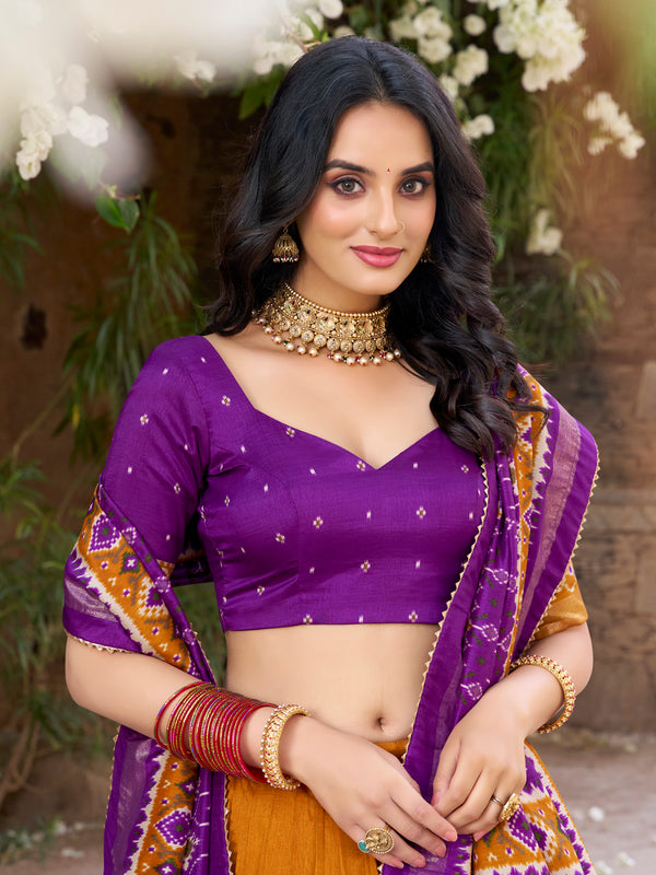 Women's Tusser Silk Kalamkari Print Lehenga Choli with Foil Work & Gotta Patti Dupatta