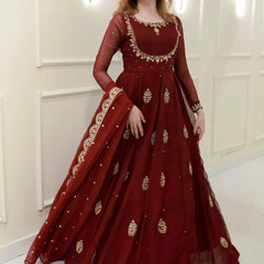 Women's Maroon Embroidered Georgette Suit Set With Dupatta