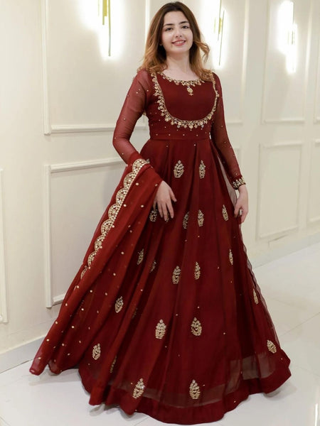 Women's Maroon Embroidered Georgette Suit Set With Dupatta