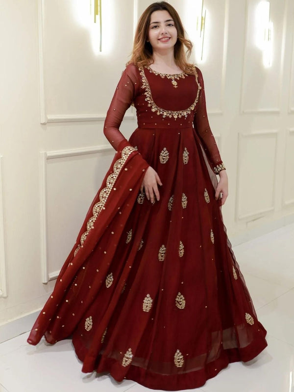 Women's Maroon Embroidered Georgette Suit Set With Dupatta