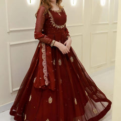 Women's Maroon Embroidered Georgette Suit Set With Dupatta