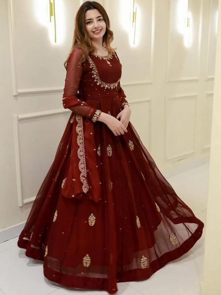 Women's Maroon Embroidered Georgette Suit Set With Dupatta
