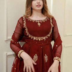 Women's Maroon Embroidered Georgette Suit Set With Dupatta