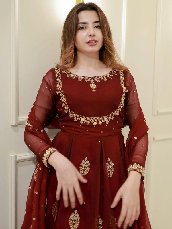 Women's Maroon Embroidered Georgette Suit Set With Dupatta
