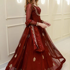 Women's Maroon Embroidered Georgette Suit Set With Dupatta