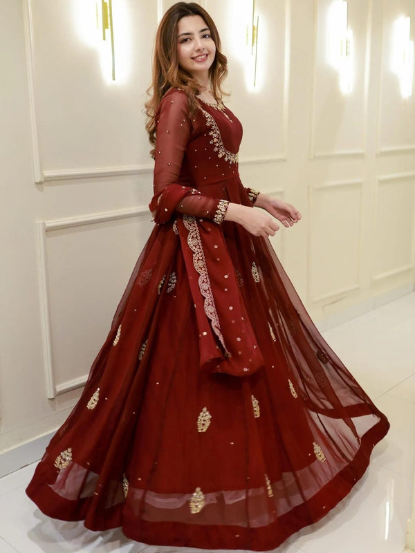 Women's Maroon Embroidered Georgette Suit Set With Dupatta