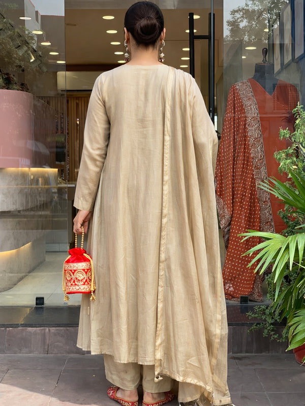 Women’s Chanderi Embroidered Kurti With Stitched Bottom & Dupatta Set