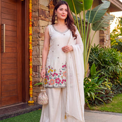 Women's Embroidered Farens Crepe Kurti Sharara Set with Chinon Silk Dupatta