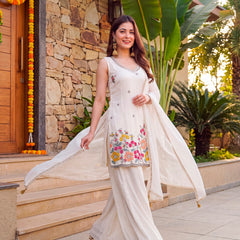 Women's Embroidered Farens Crepe Kurti Sharara Set with Chinon Silk Dupatta