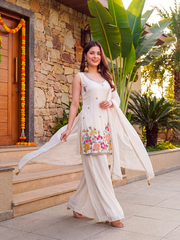 Women's Embroidered Farens Crepe Kurti Sharara Set with Chinon Silk Dupatta
